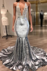 Black Girl Semi Formal Prom Dress Open Back Silver Velvet Semi Formal Prom Dresses Cheap | Mermaid Sexy V-Neck Crystals Appliques Formal Evening Gowns Mq0131
